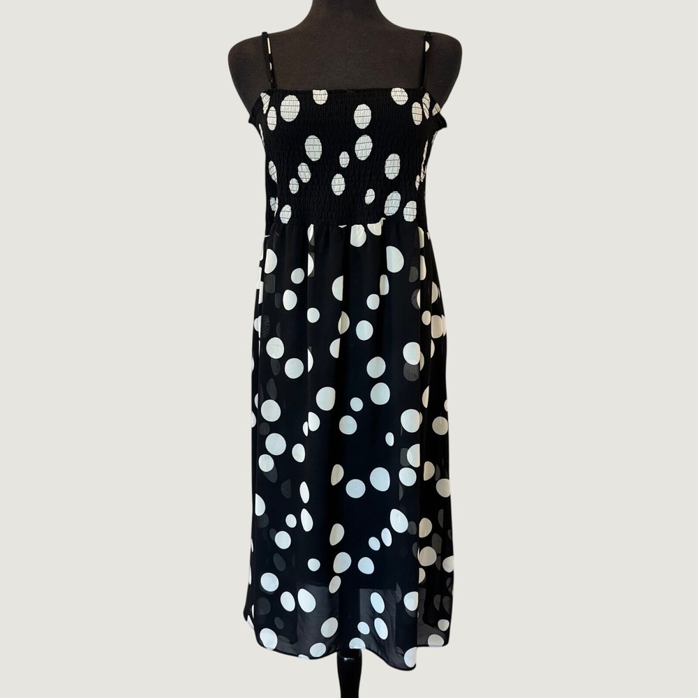 MSK Womens Black White Polka Dot Smocked Midi Dress Adjustable Straps Size 8